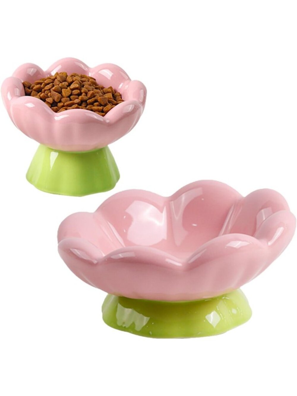 Elevated Pink Ceramic Cat Bowls Set of 2, Whisker-Friendly Tulip Design, 10 oz